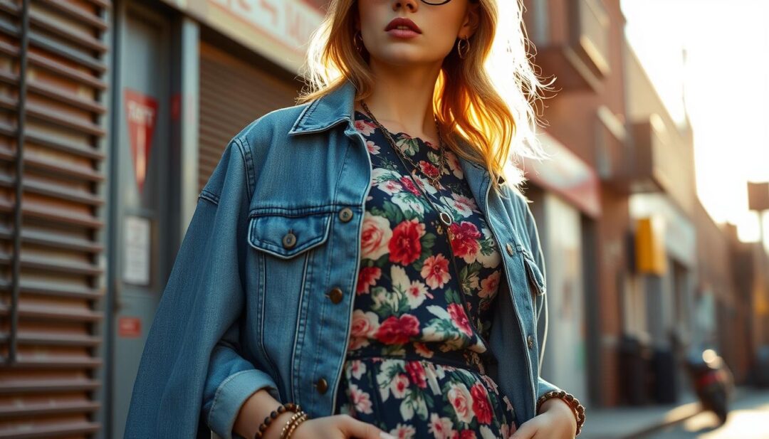 Ein stilvolles Outfit mit einem vintage floralen Kleid, kombiniert mit modernen Accessoires und einer Jeansjacke. Der Look wird vor einem retro-inspirierten urbanen Hintergrund präsentiert, der eine Mischung aus alten und neuen Modeelementen zeigt. Das warme Sonnenlicht wirft sanfte Schatten und verstärkt die nostalgische, aber moderne Atmosphäre.